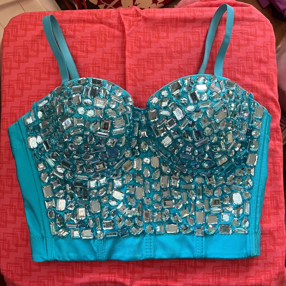 hand-embellished aqua rhinestone bustier